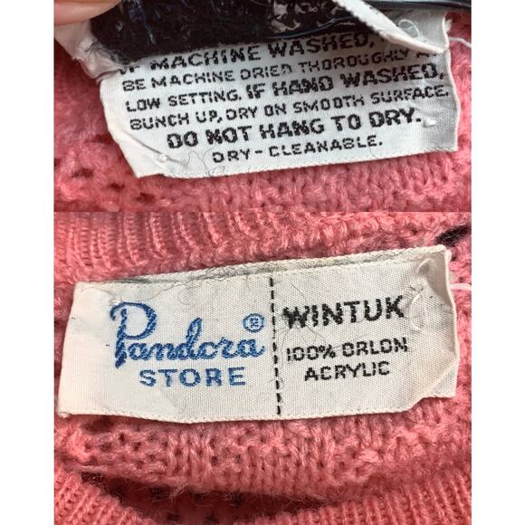 70s Granny Cardigan Pink/Salmon Open Knit Floral Sweater | S - Picture 3 of 12